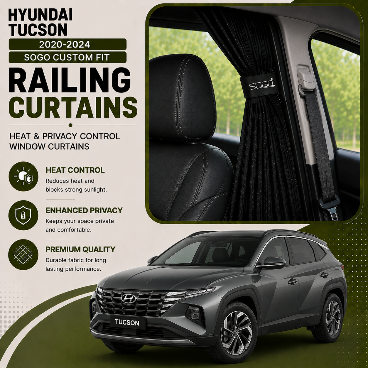 Hyundai Tucson 2020-2024 SOGO Custom Fit Railing Curtains | Heat & Privacy Control Window Curtains