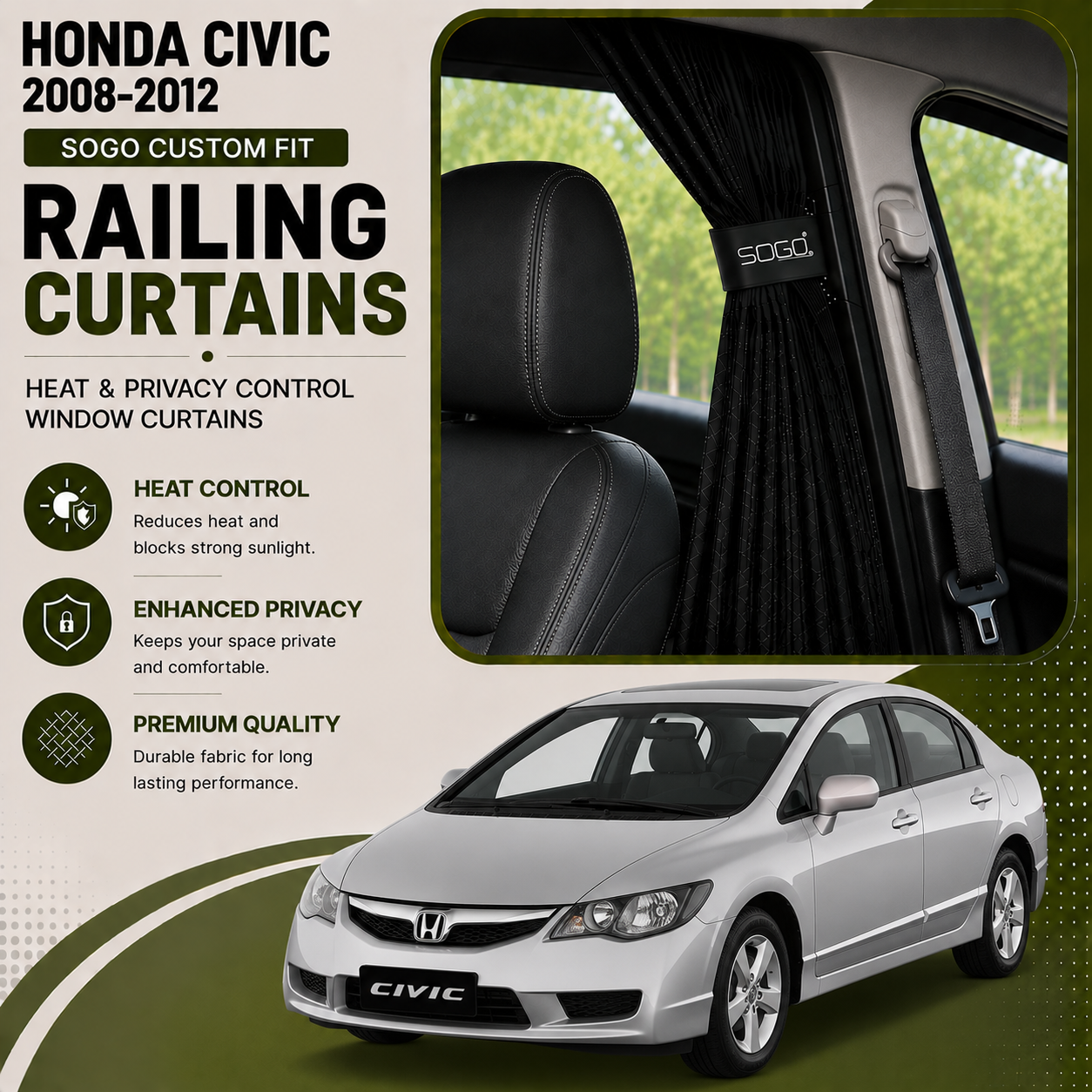 Honda Civic 2008-2012 SOGO Custom Fit Railing Curtains | Heat & Privacy Control Window Curtains