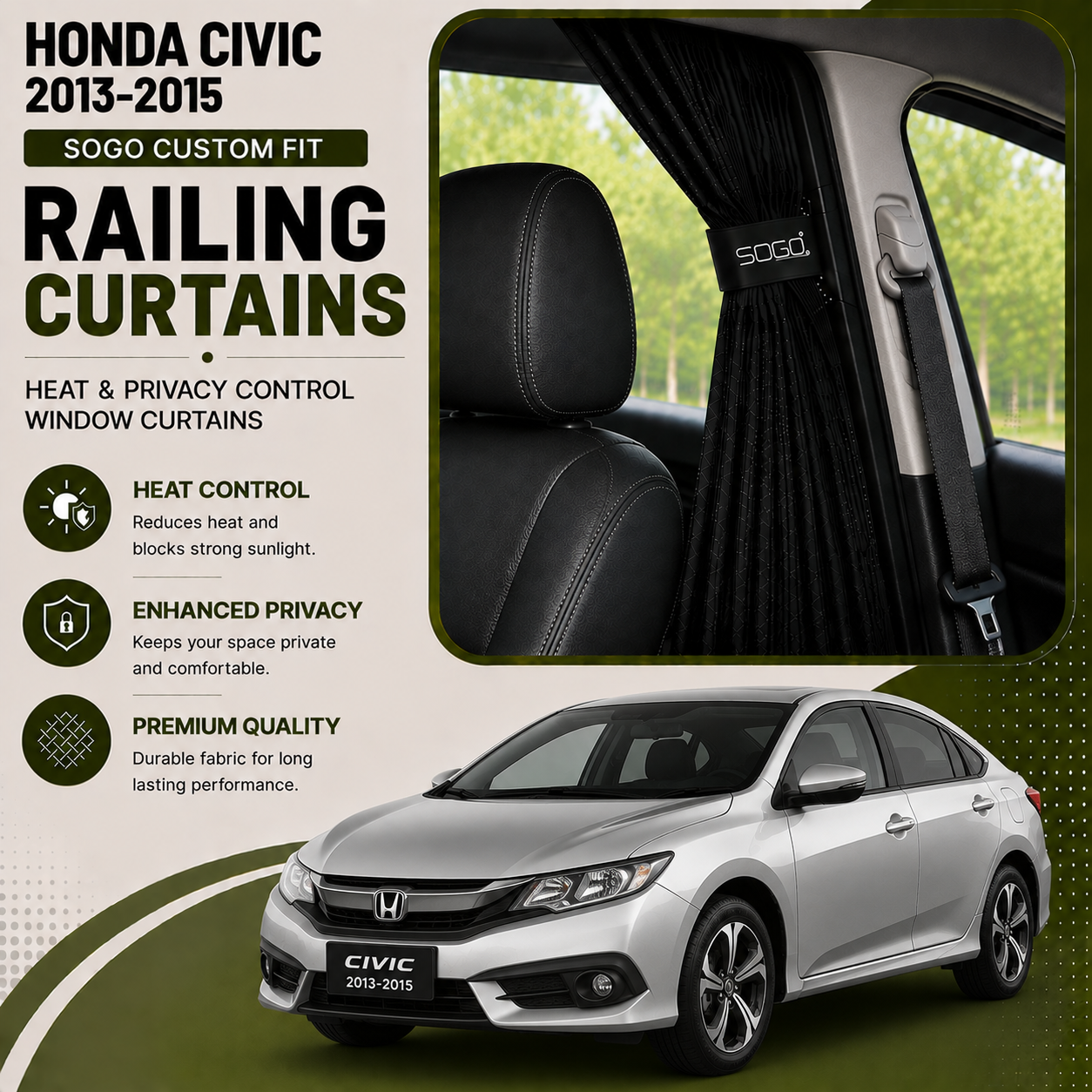 Honda Civic 2013-2015 SOGO Custom Fit Railing Curtains | Heat & Privacy Control Window Curtains