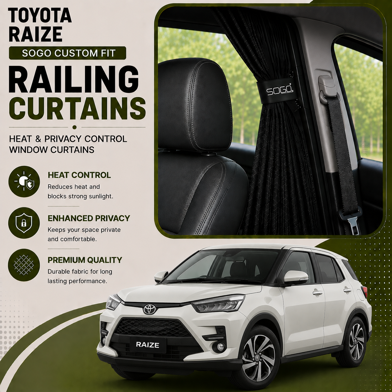 Toyota Raize SOGO Custom Fit Railing Curtains | Heat & Privacy Control Window Curtains