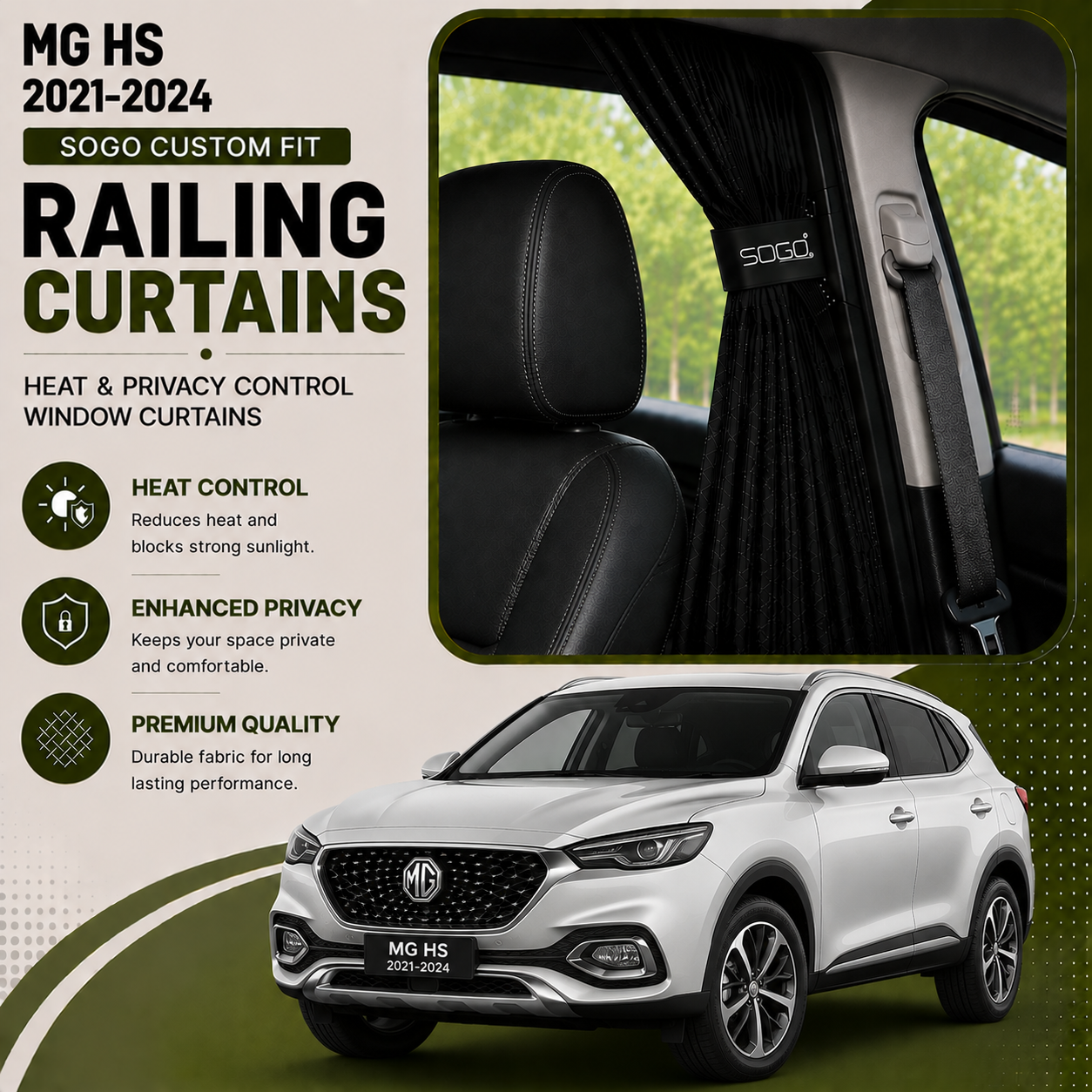 MG HS 2021-2024 SOGO Custom Fit Railing Curtains | Heat & Privacy Control Window Curtains