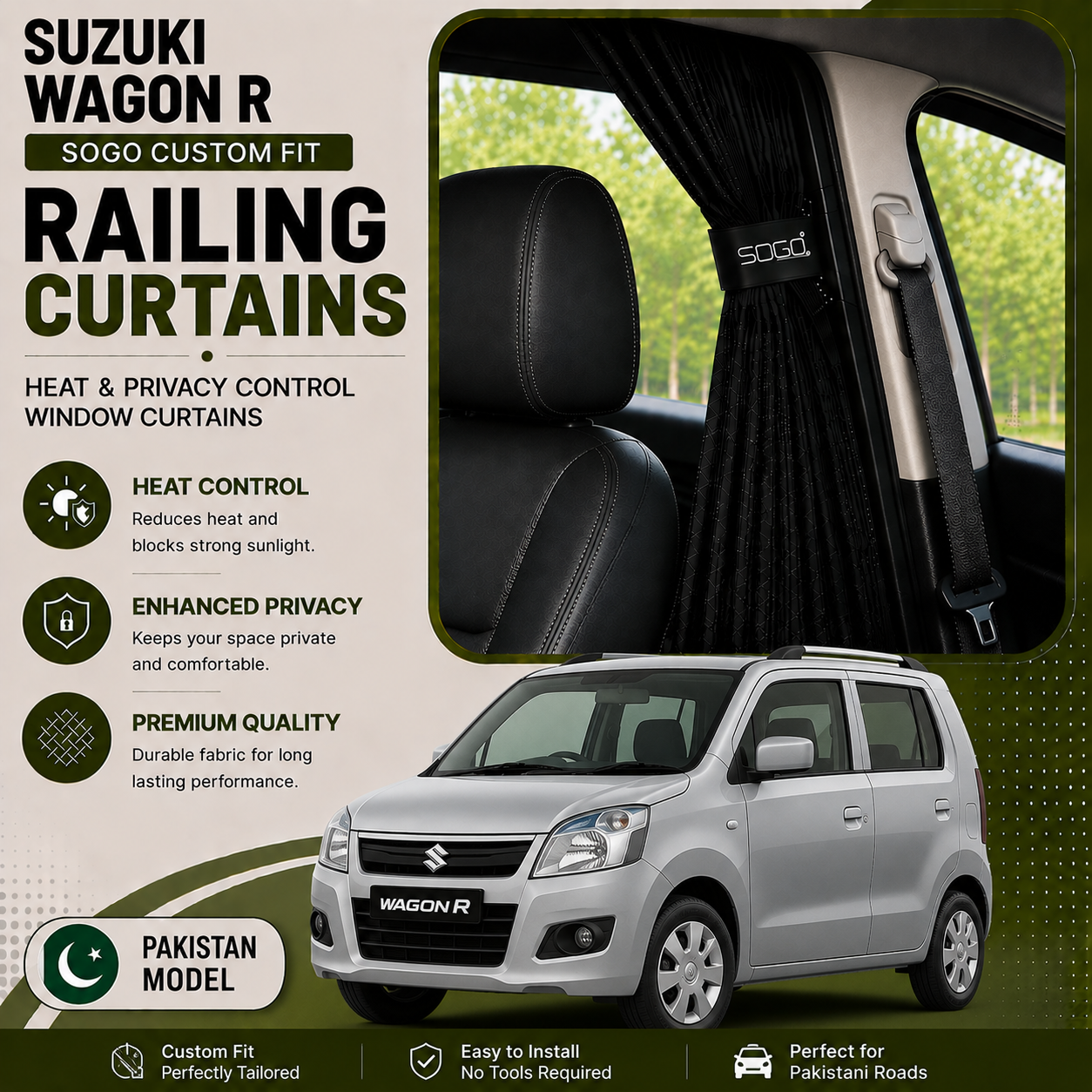 Suzuki Wagon R SOGO Custom Fit Railing Curtains | Heat & Privacy Control Window Curtains