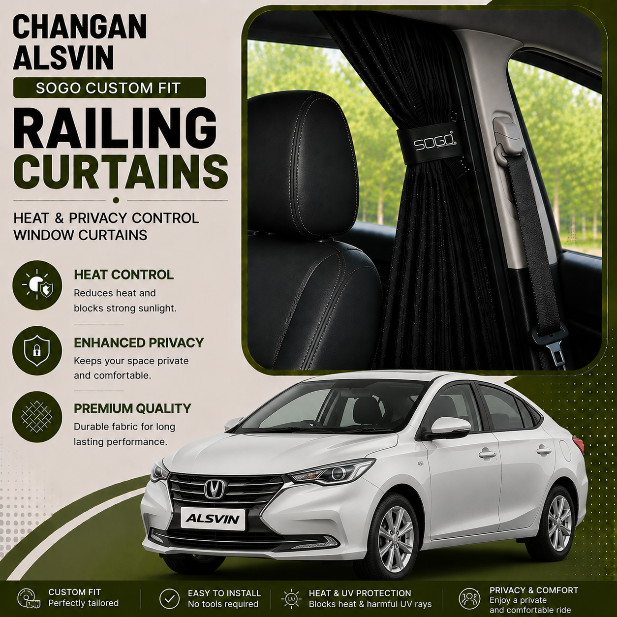 Changan Alsvin SOGO Custom Fit Railing Curtains | Heat & Privacy Control Window Curtains