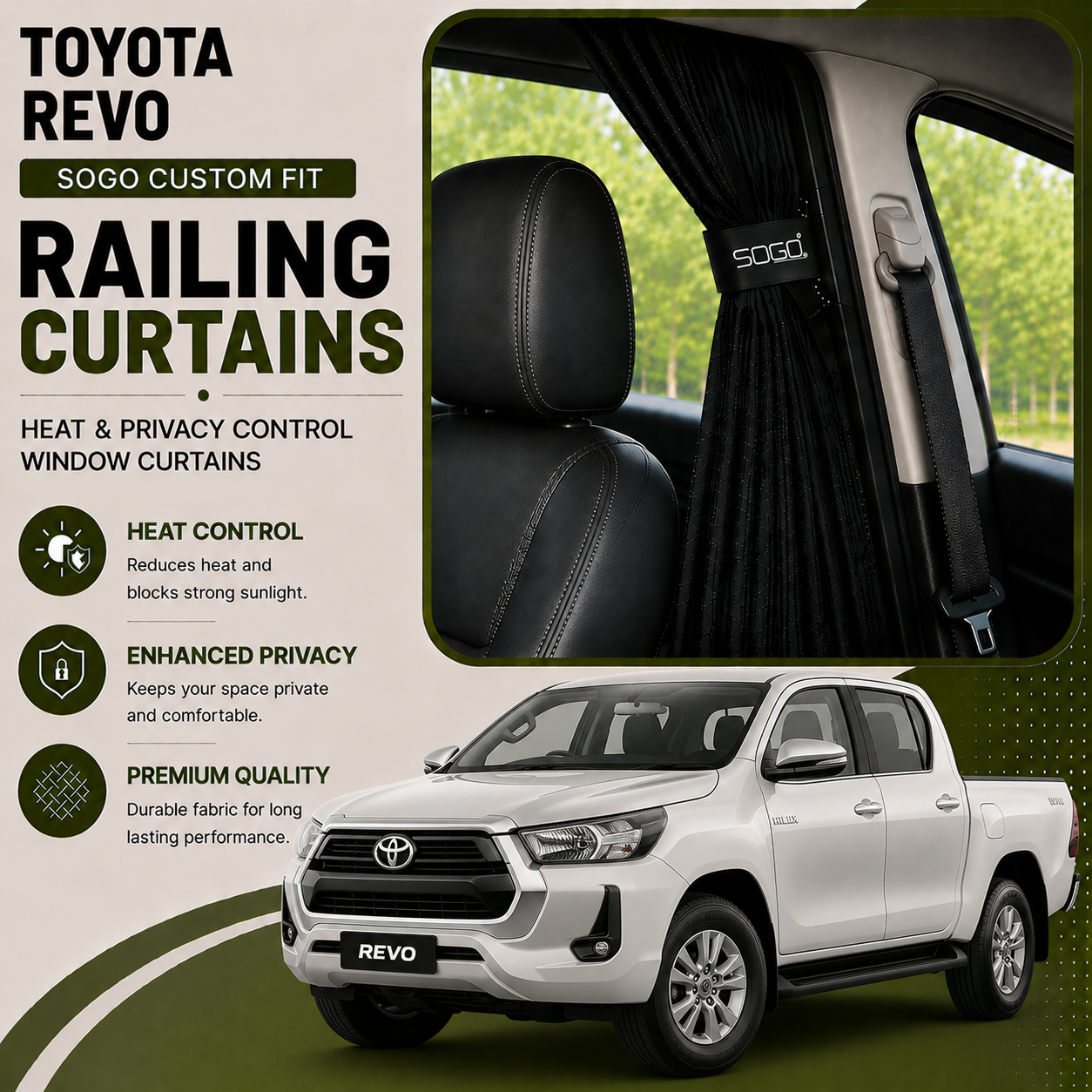 Toyota Revo SOGO Custom Fit Railing Curtains | Heat & Privacy Control Window Curtains