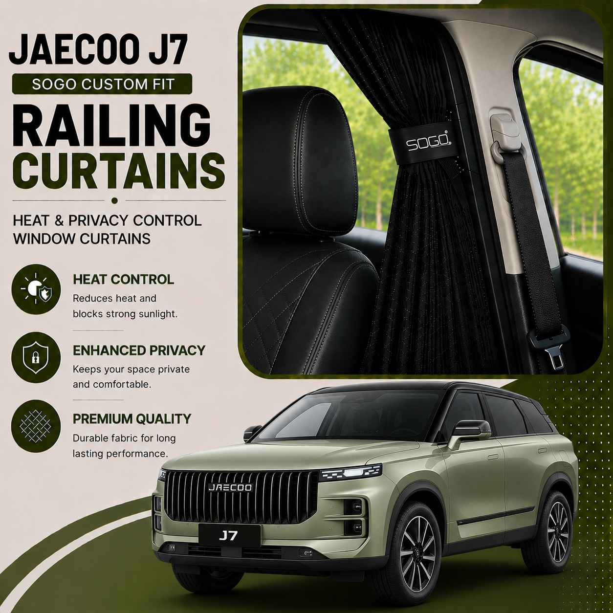 Jaecoo J7 SOGO Custom Fit Railing Curtains | Heat & Privacy Control Window Curtains