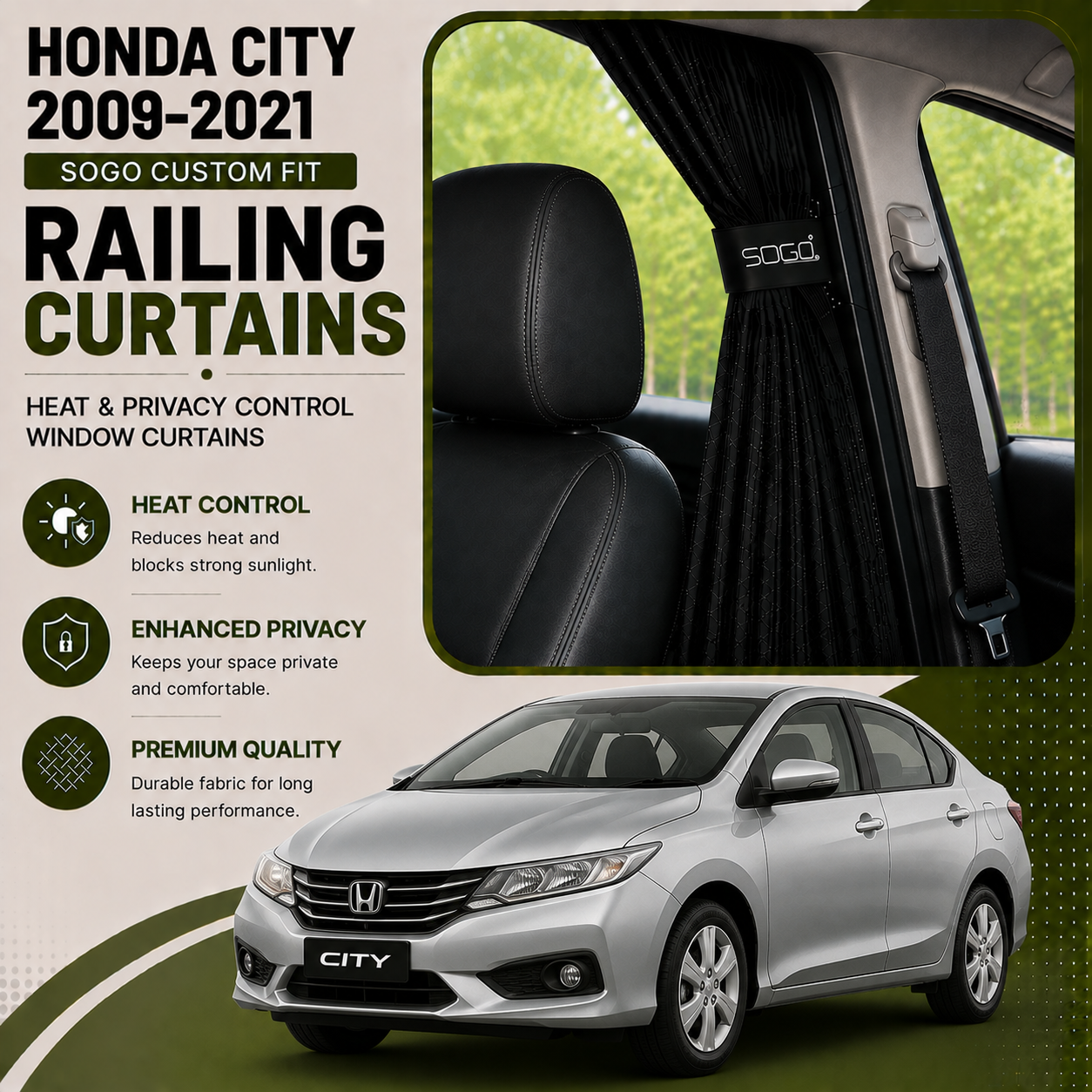 Honda City 2009-2021 SOGO Custom Fit Railing Curtains | Heat & Privacy Control Window Curtains