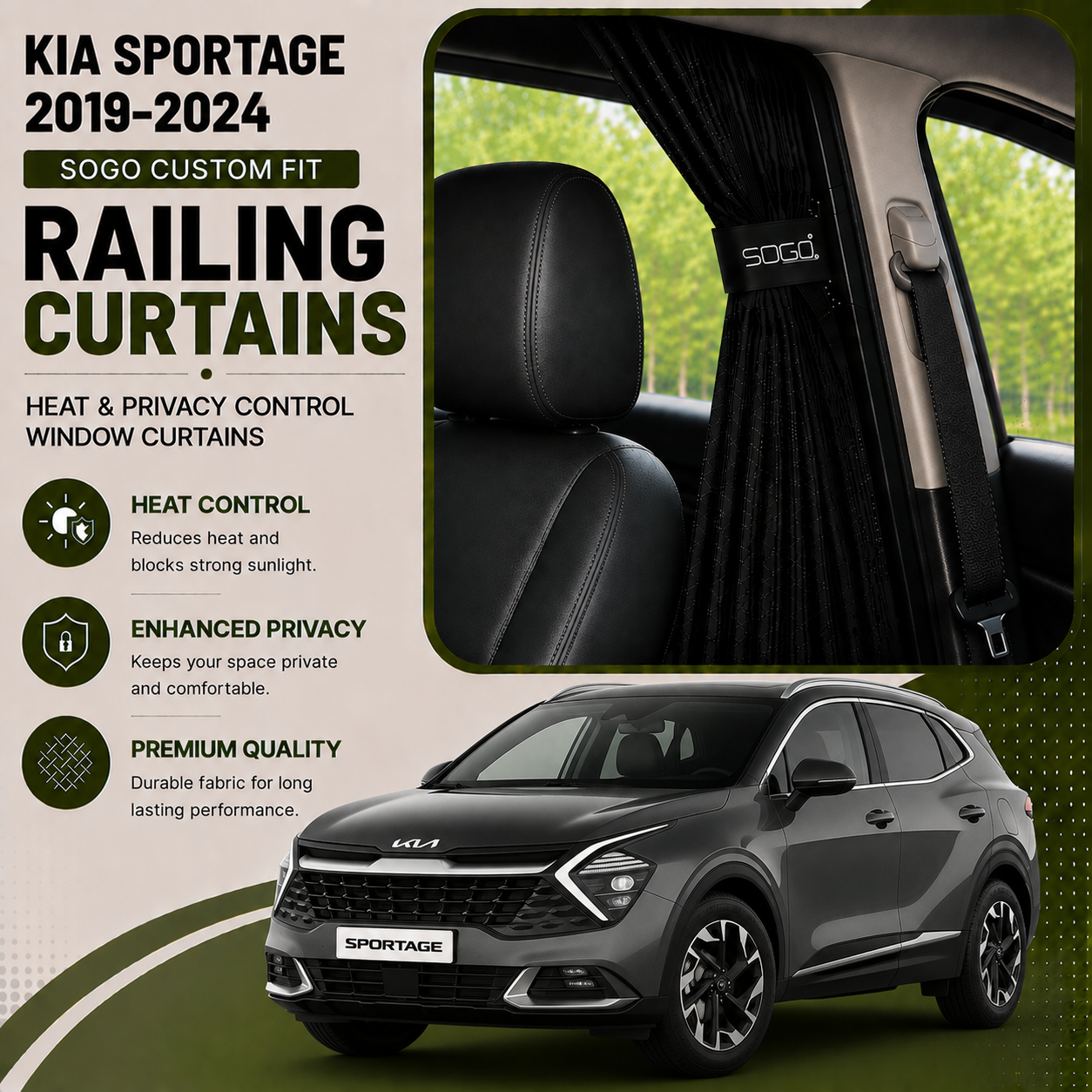 Kia Sportage 2019-2024 SOGO Custom Fit Railing Curtains | Heat & Privacy Control Window Curtains