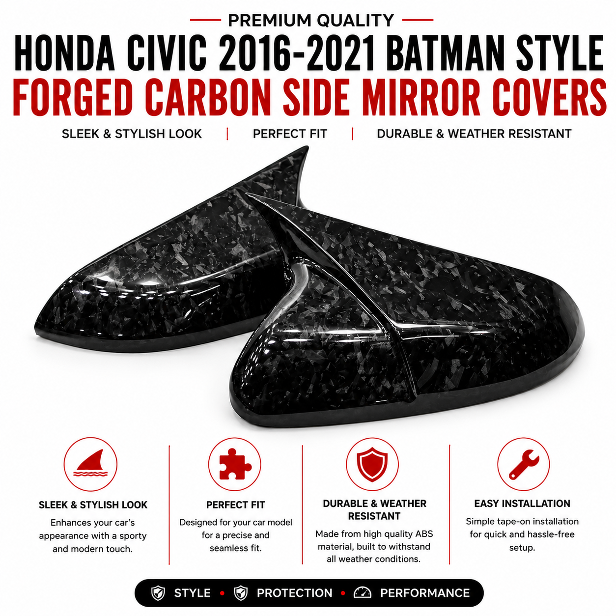 Honda Civic 2016-2021 Batman Style Forged Carbon Side Mirror Covers