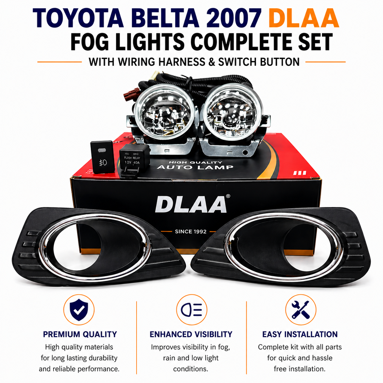 Toyota Belta 2007 DLAA Fog Lights Complete Set with Wiring Harness & Switch Button