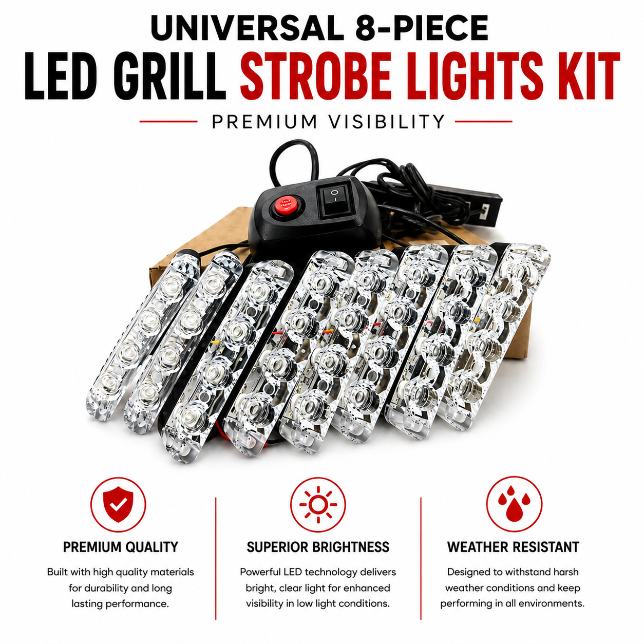 Universal 8-Piece LED Grill Police Strobe Lights Kit for Cars