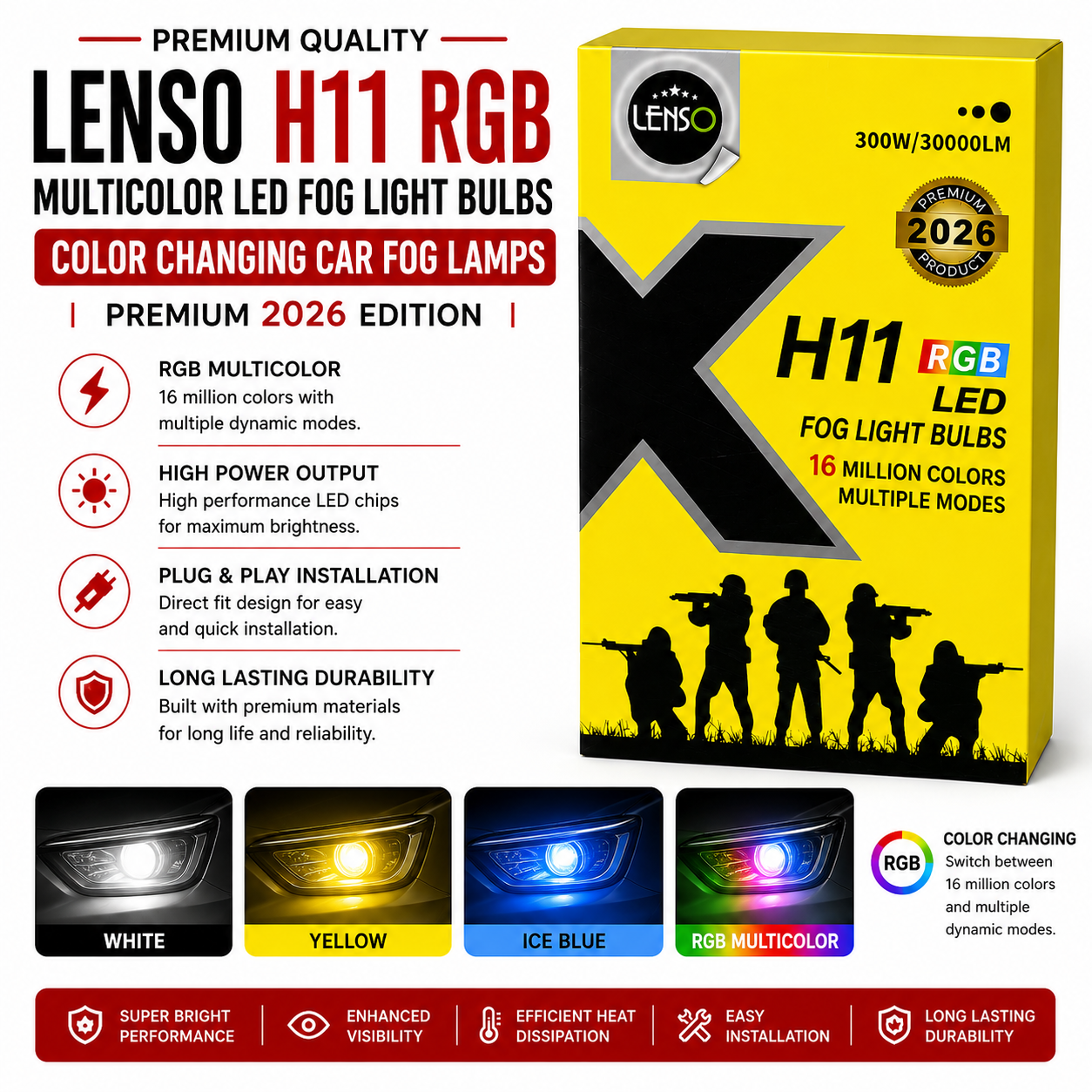 Lenso H11 RGB Multicolor LED Fog Light Bulbs | Color Changing Car Fog Lamps