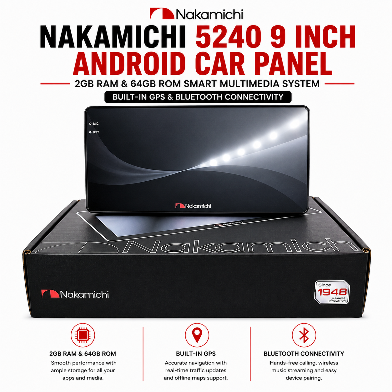 Nakamichi 5240 9 Inch Android Car Panel | 2GB RAM 64GB ROM Smart Multimedia System with GPS & Bluetooth