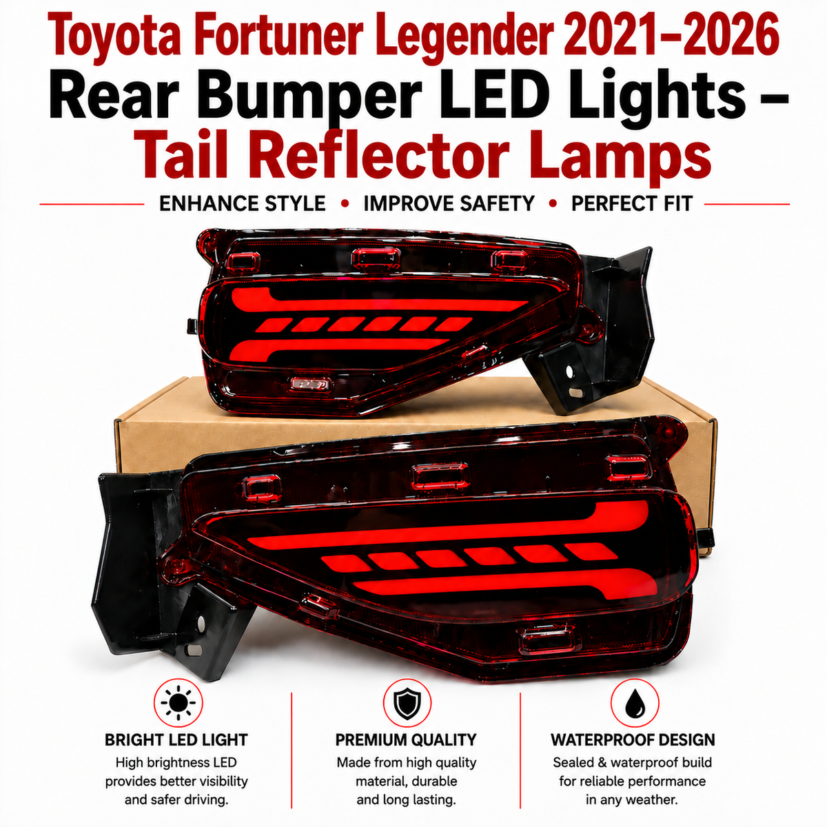 Toyota Fortuner Legender 2021–2026 Rear Bumper LED Lights – Tail Reflector Lamps