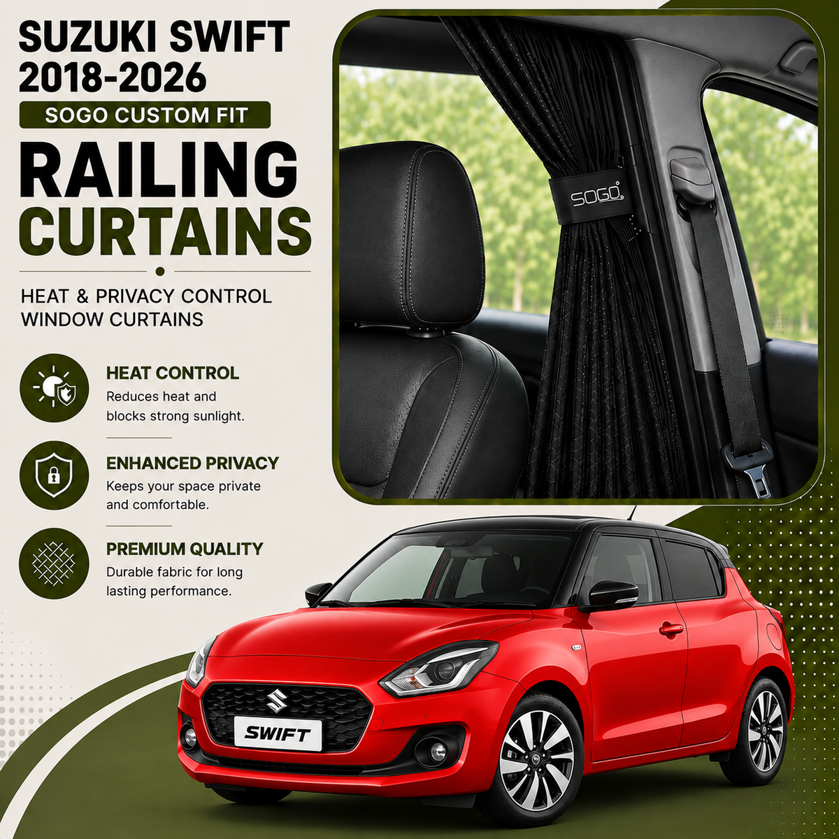 Suzuki Swift 2018-2026 SOGO Custom Fit Railing Curtains | Heat & Privacy Control Window Curtains