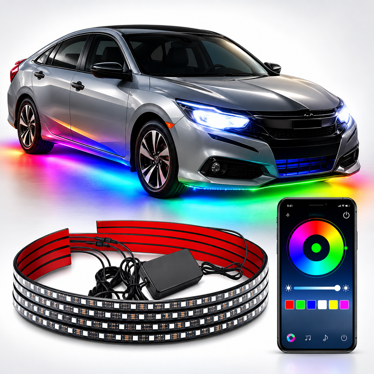 RGB Under Glow Lights 4 Strip Kit | App Controlled Dynamic Running Car Neon Lights