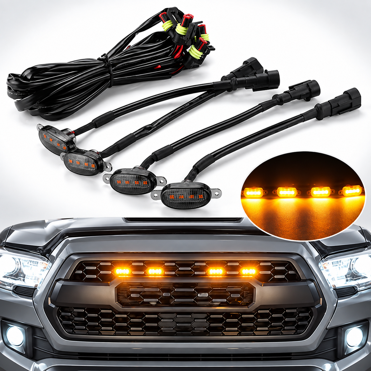 Universal GMC Style 4PCS Grill Lights Smoked & Orange – Car Front Grill LED Lighting Kit