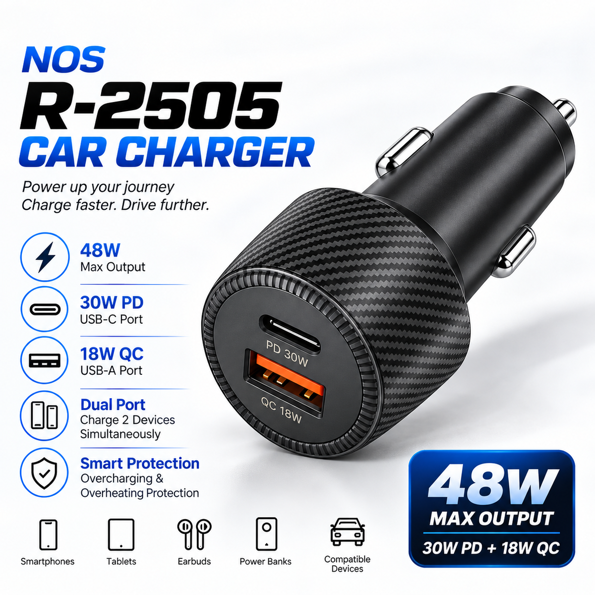 Nos | R-2505 Car Charger 48 Watt Car Charger | PD & QC | Multi Device Charging
