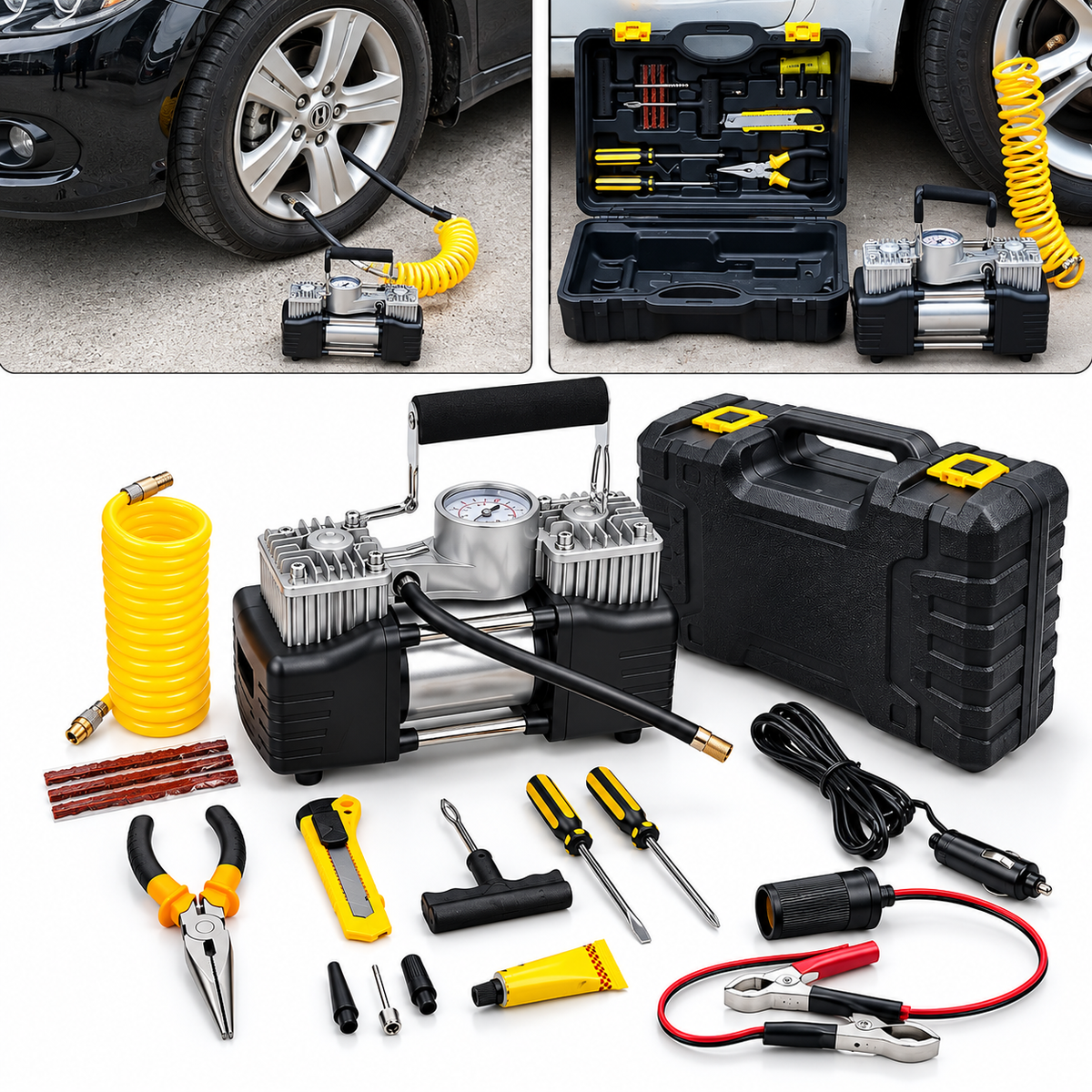 12 VOLT Electric Air Compressor Dual Cylender With Tool Kit With Box Auto Inflator Pump