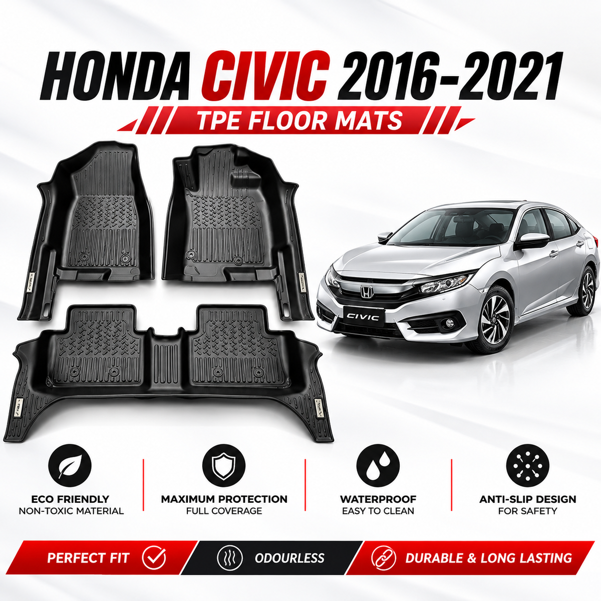 Honda Civic X 2016-2021 TXR TPE Floor Mats  - Car Matts  TXR TPE