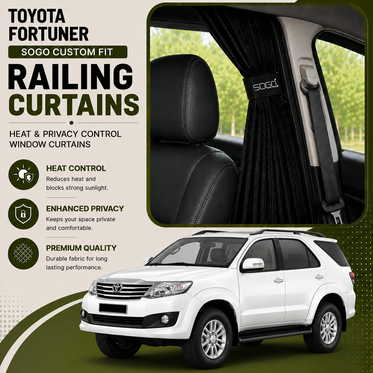 Toyota Fortuner 2012-2015 Custom Fit Railing Curtains | Heat & Privacy Control Window Curtains