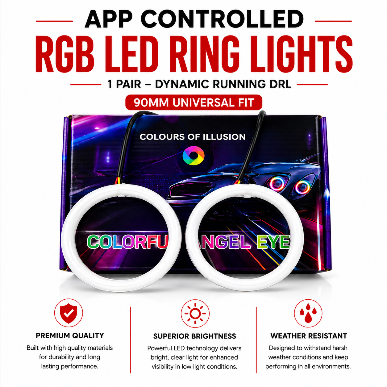 App Controlled RGB LED Ring Lights 1 Pair – Dynamic Running DRL 80MM / 90MM Universal Fit