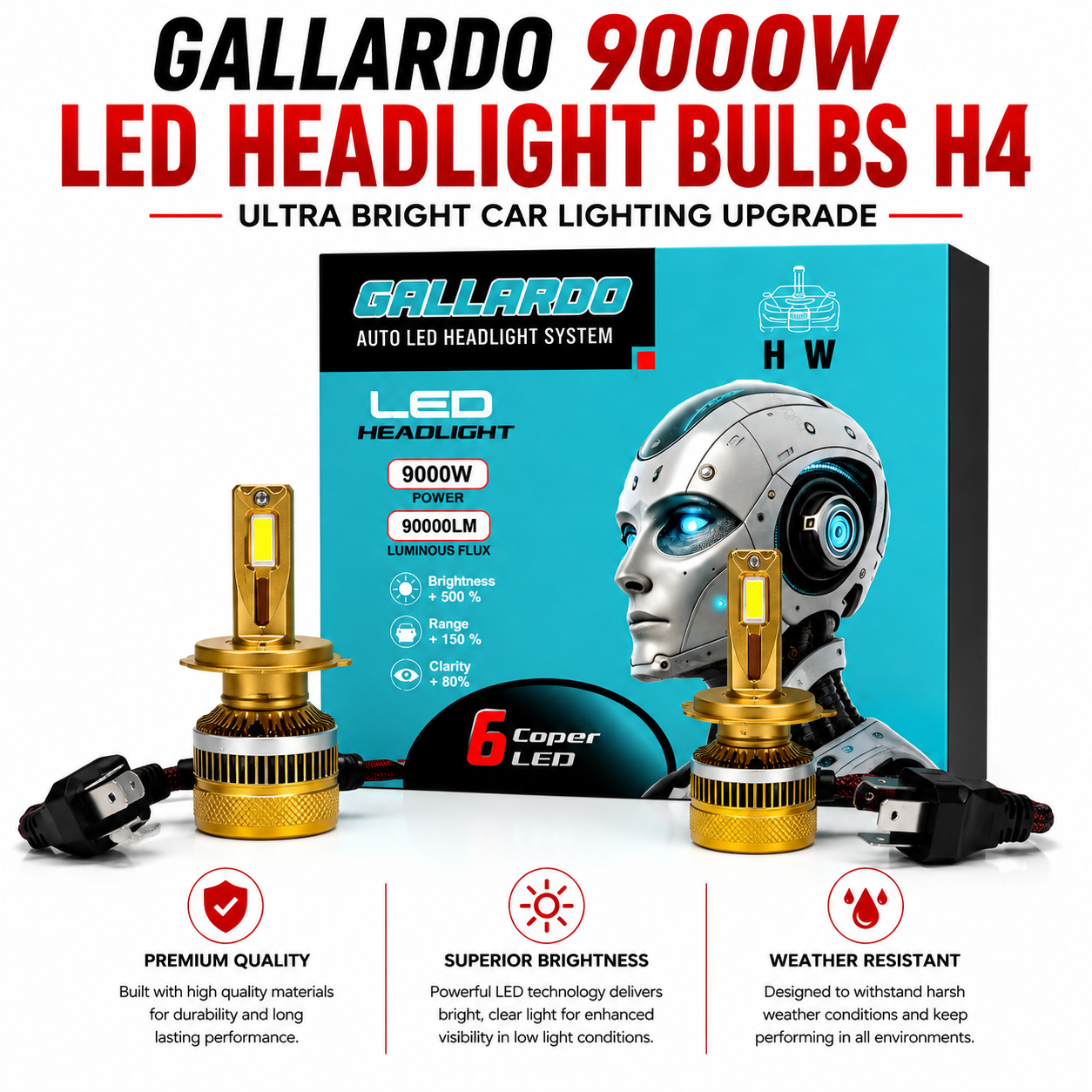 Gallardo 9000W LED Headlight Bulbs H4 / 9005 / H11 – Ultra Bright Car Lighting Upgrade