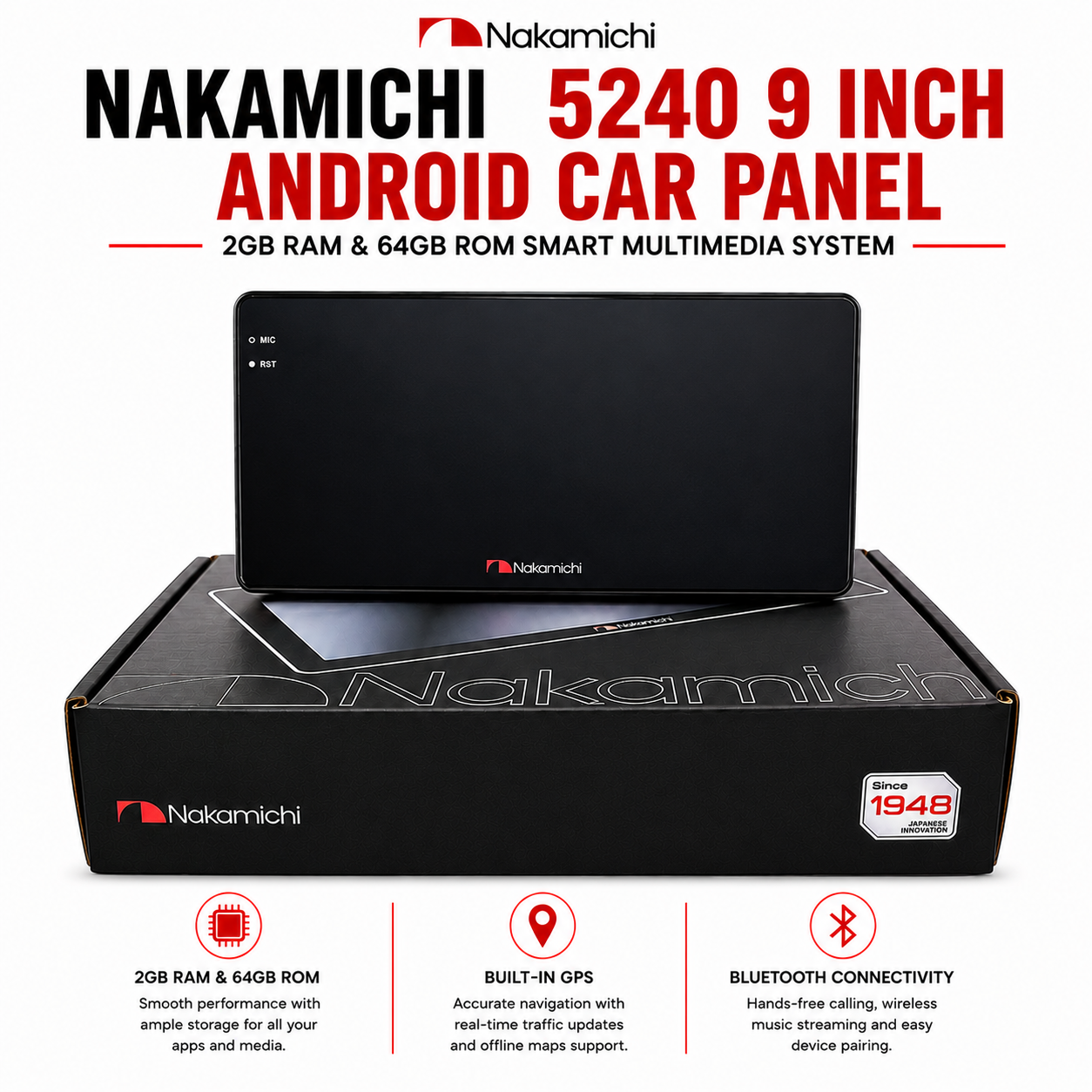 Nakamichi 5240 9 Inch Android Car Panel | 2GB RAM 64GB ROM Smart Multimedia System with GPS & Bluetooth
