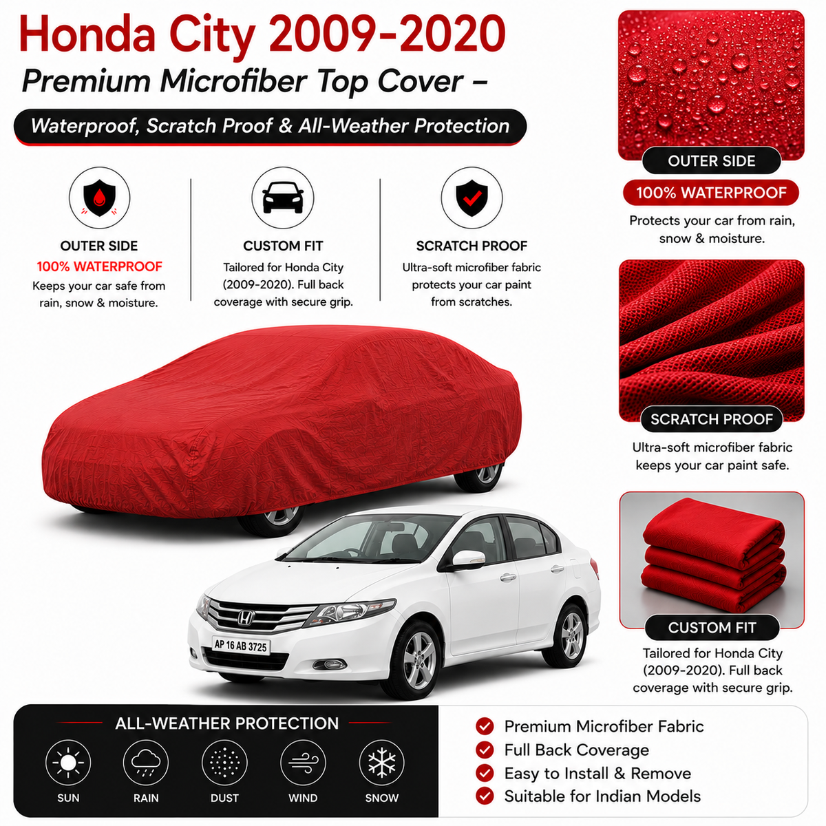Honda City 2009-2020 Premium Microfiber Top Cover – Waterproof, Scratch Proof & All-Weather Protection