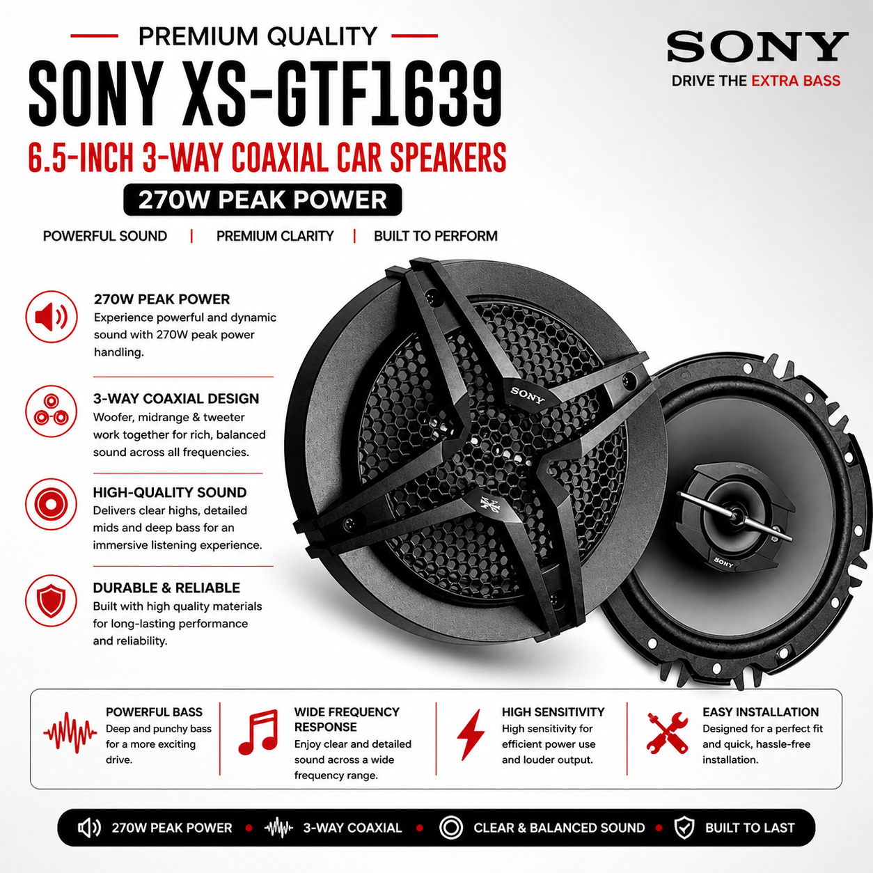 Sony XS-GTF1639 6.5 Inch Car Speakers 3-Way Coaxial | 270W Peak High Performance Sound
