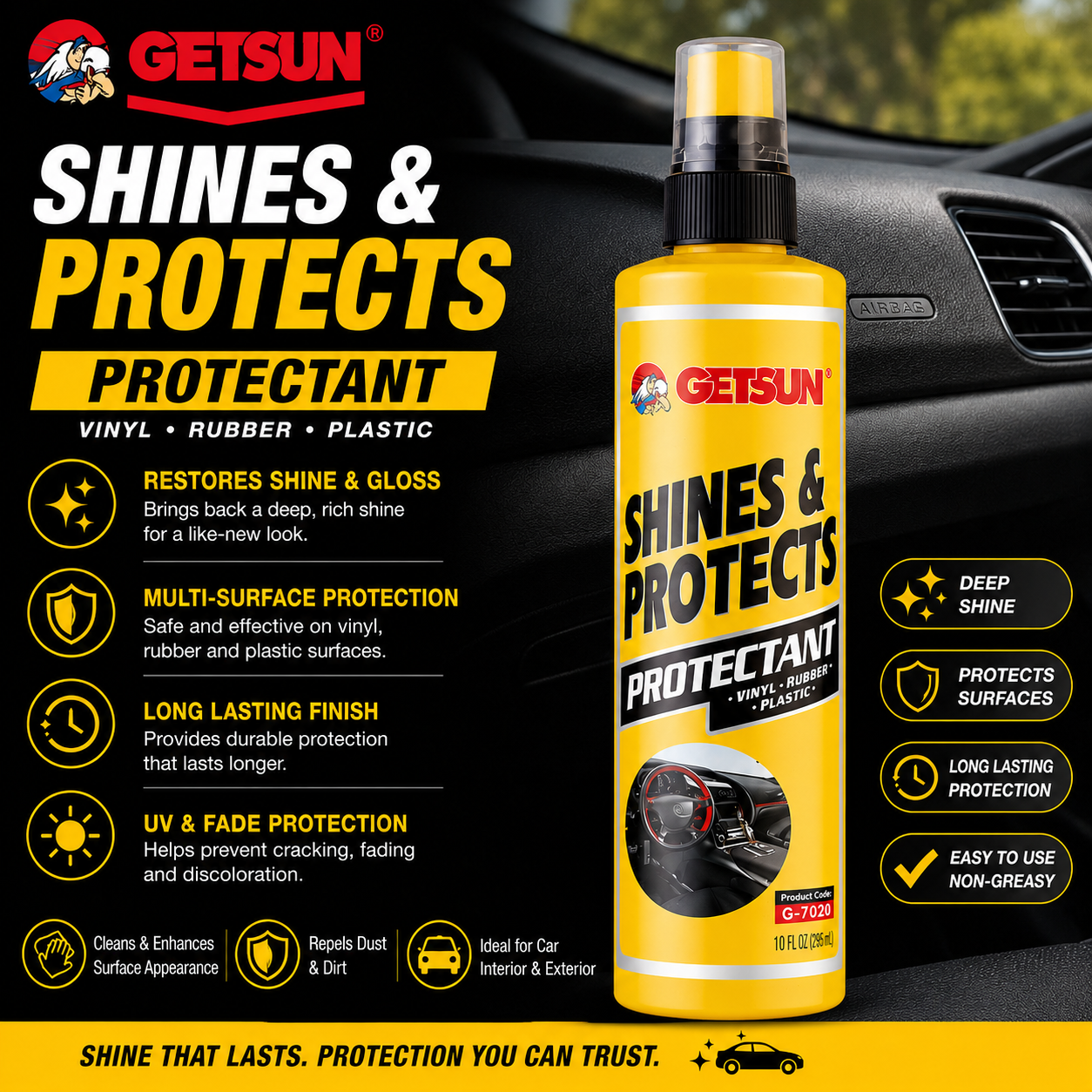 Getsun Professional Dashboard Polish 295ml – Restore Shine & Protect Car Interior