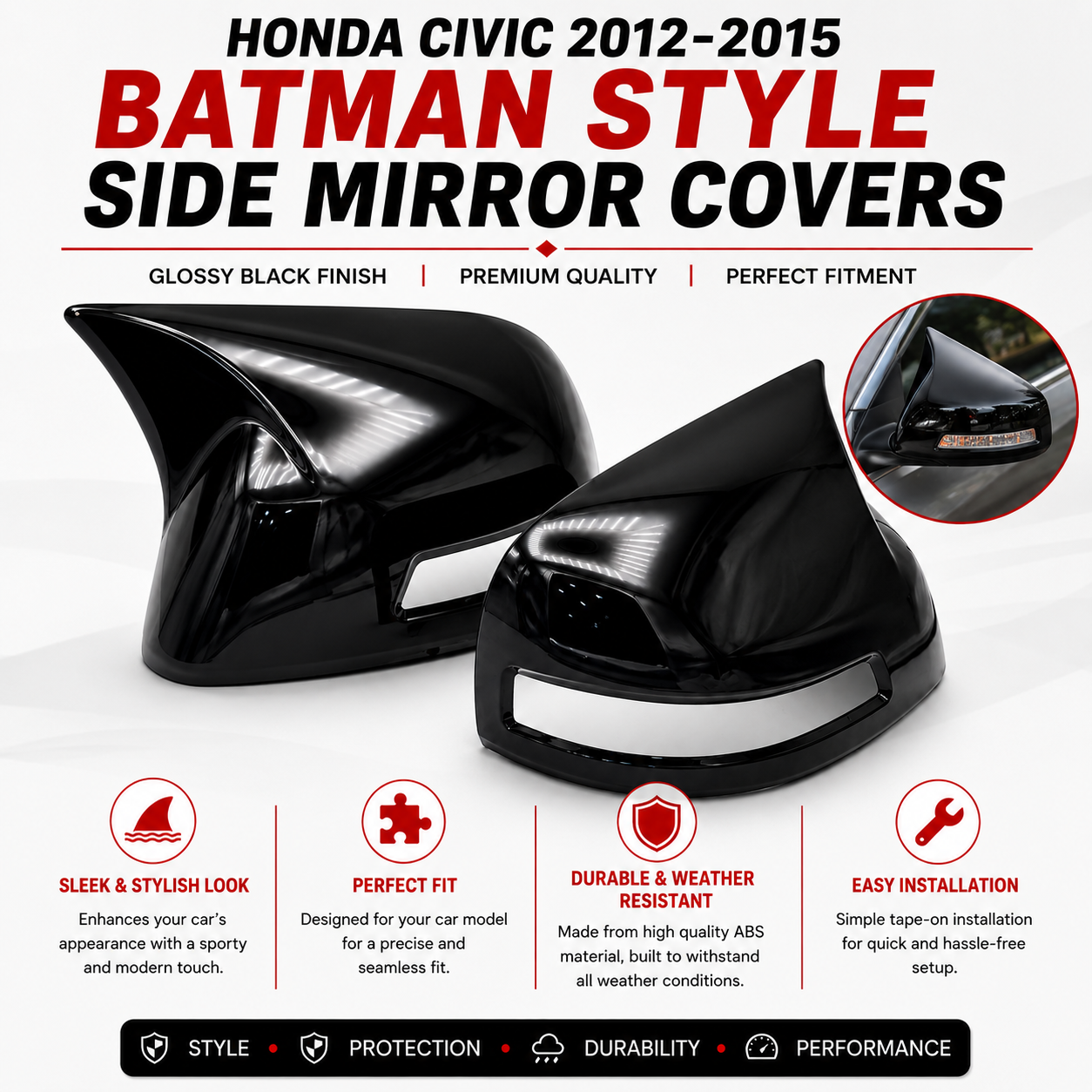 Honda Civic 2012-2015 Glossy Black Batman Style Side Mirror Covers