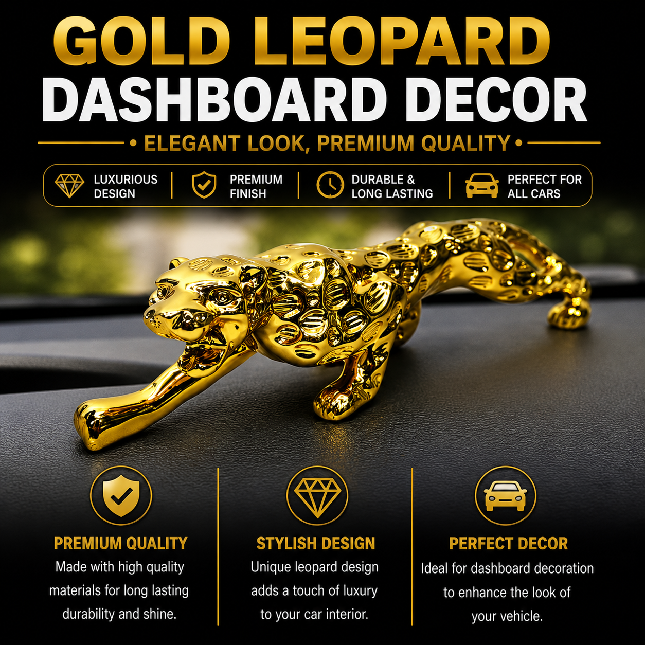 Gold Leopard Car Dashboard Decoration – Premium Interior Styling Accessory