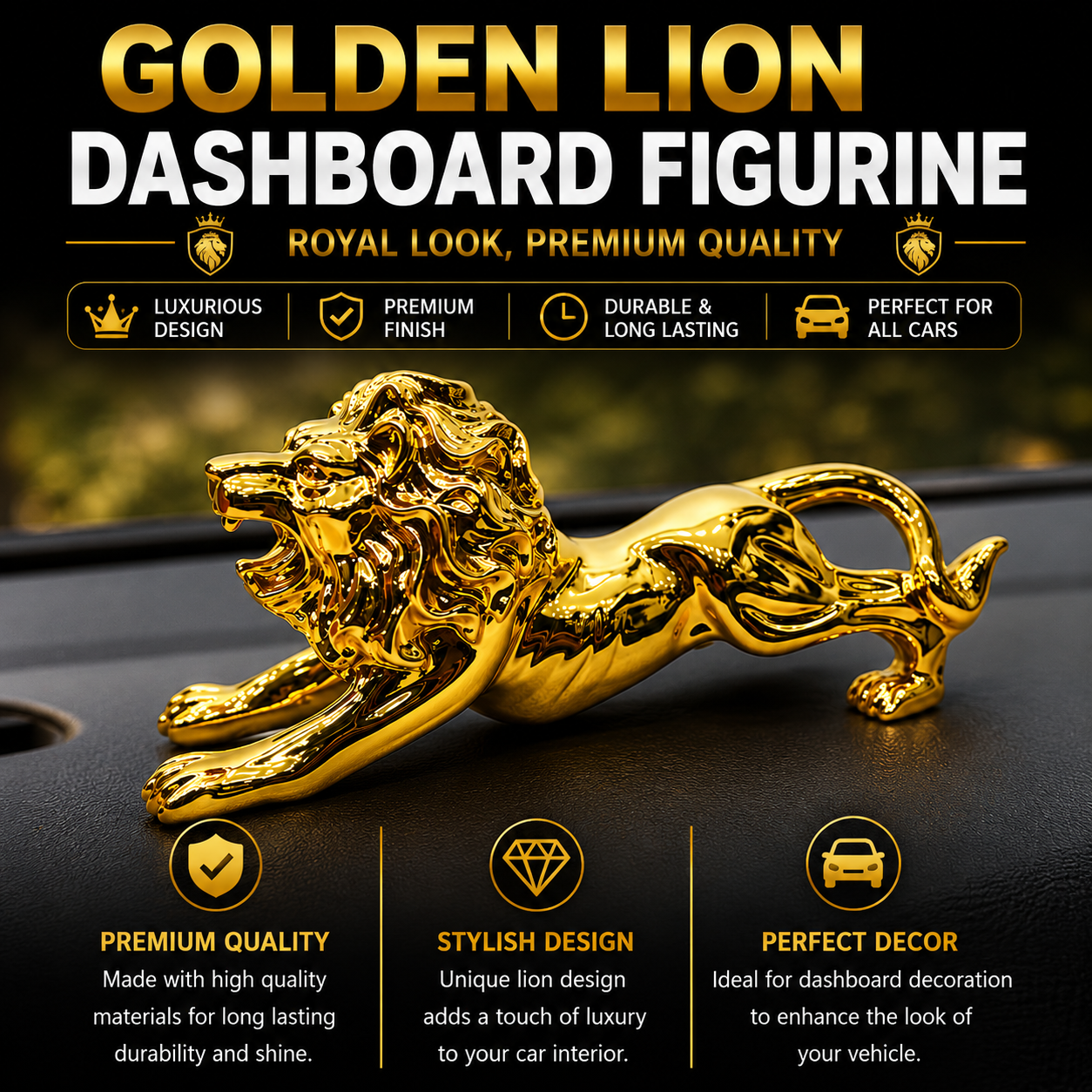 Gold Lion Car Dashboard Decoration – Premium Interior Styling Accessory