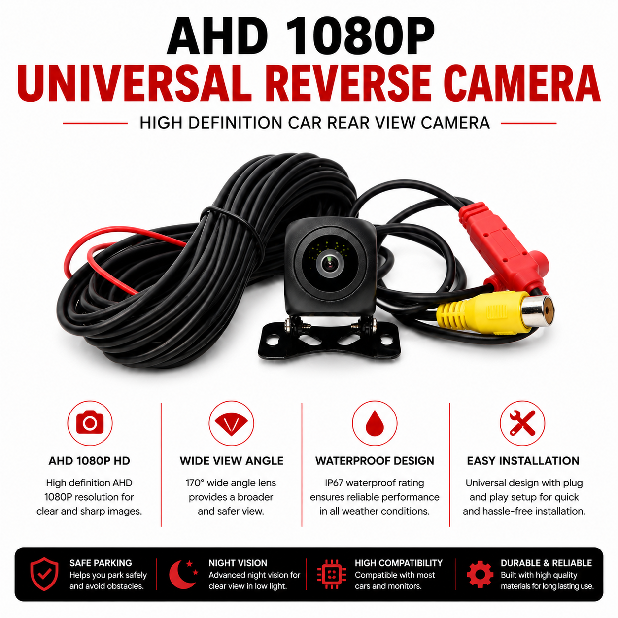 AHD 1080P Universal Reverse Camera – High Definition Car Rear View Parking Camera
