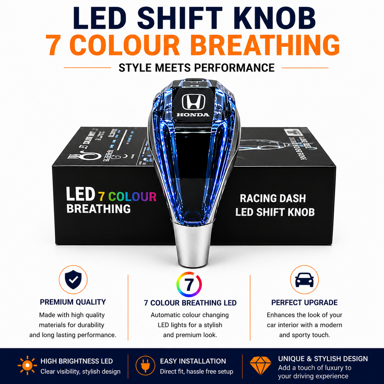 Diamond Style LED Gear Knob with Honda Logo – Premium Car Interior Shifter