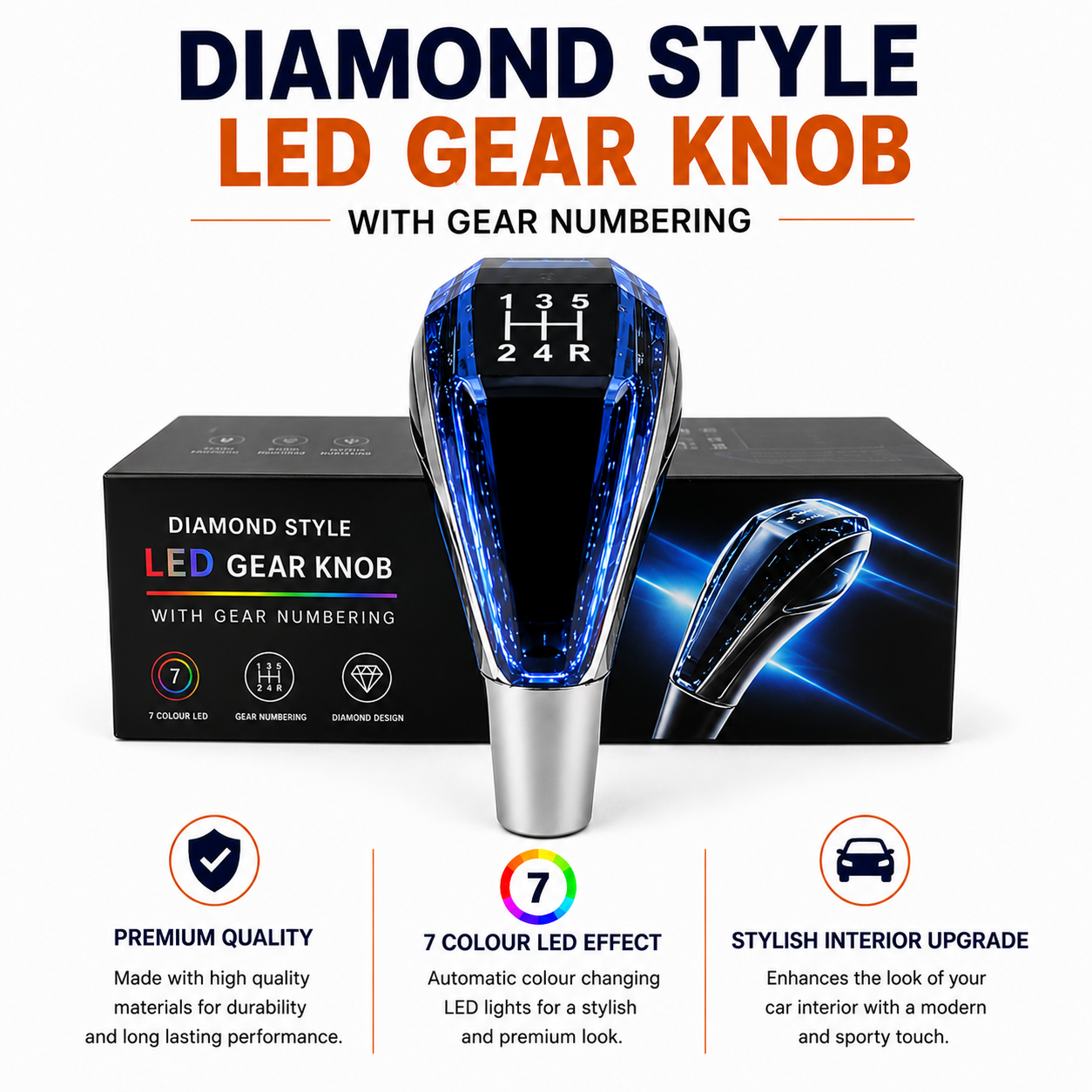 Diamond Style LED Gear Knob with Gear Numbering – Premium Car Interior Shifter