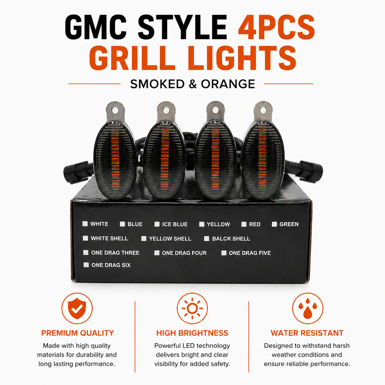 Universal GMC Style 4PCS Grill Lights Smoked & Orange – Car Front Grill LED Lighting Kit
