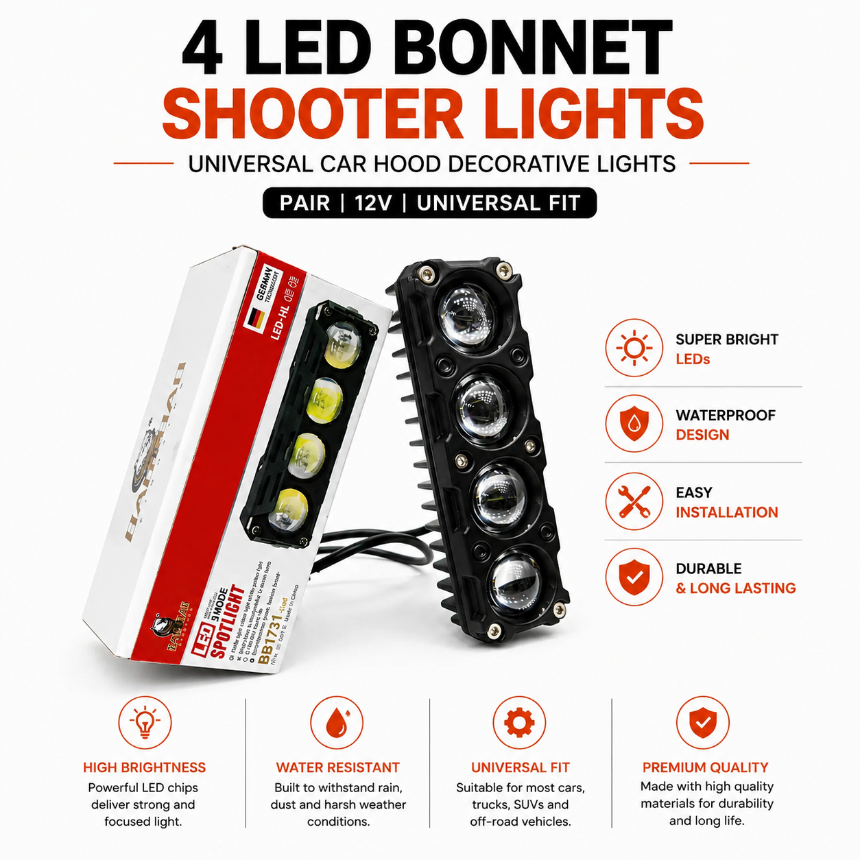 4 LED Bonnet Shooter Lights – Pair Universal Car Hood Decorative Lights