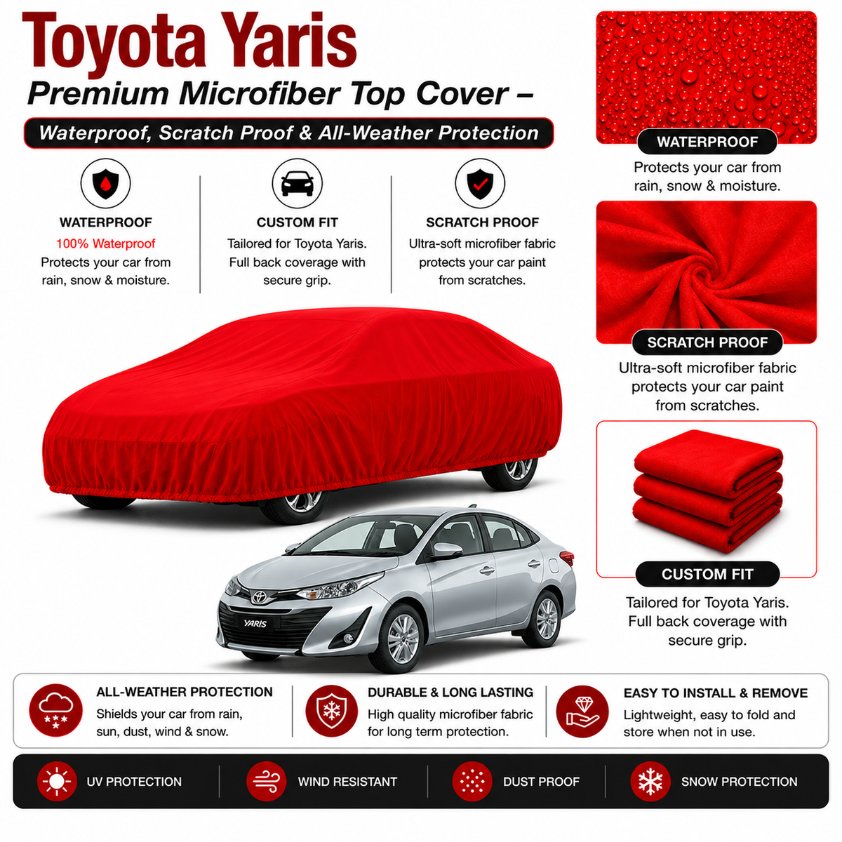 Toyota Yaris 2018-2024 Premium Microfiber Top Cover – Waterproof, Scratch Proof & All-Weather Protection