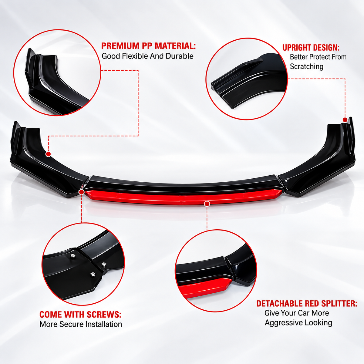 Universal Car Bumper Splitter Red Lip Line 4pc - Front Bumper Kanart
