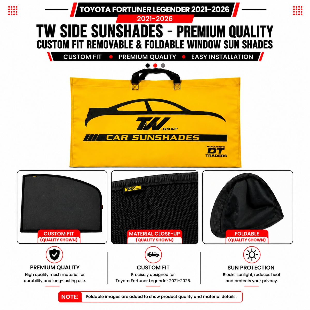 Toyota Fortuner Legender 2021-2026 TW Side Curtains Sunshades – Premium Quality Custom Fit Removable & Foldable Window Sun Shades