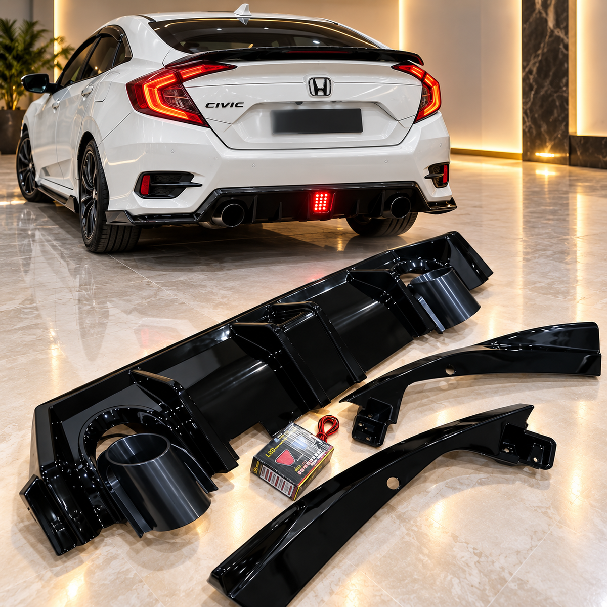 Honda Civic X 2016-2021 Piano Black Rear Bumper - Back Bumper Diffuser With Light