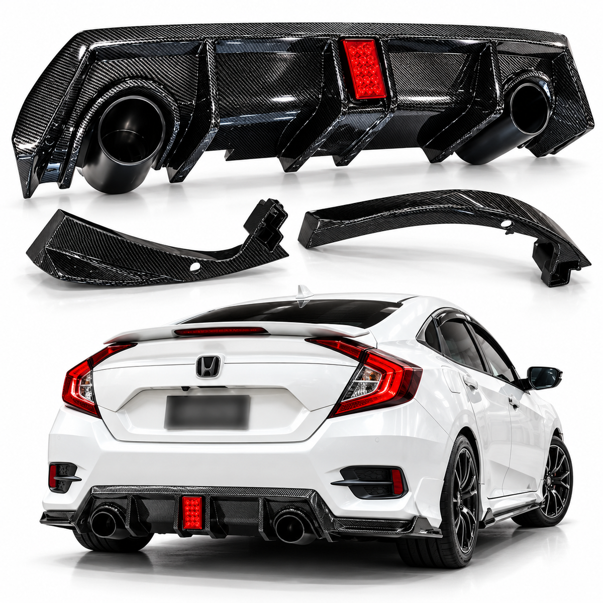 Honda Civic X 2016-2021 Carbon Fiber Diffuser Rear Bumper - Back Bumper Diffuser Carbon With Light