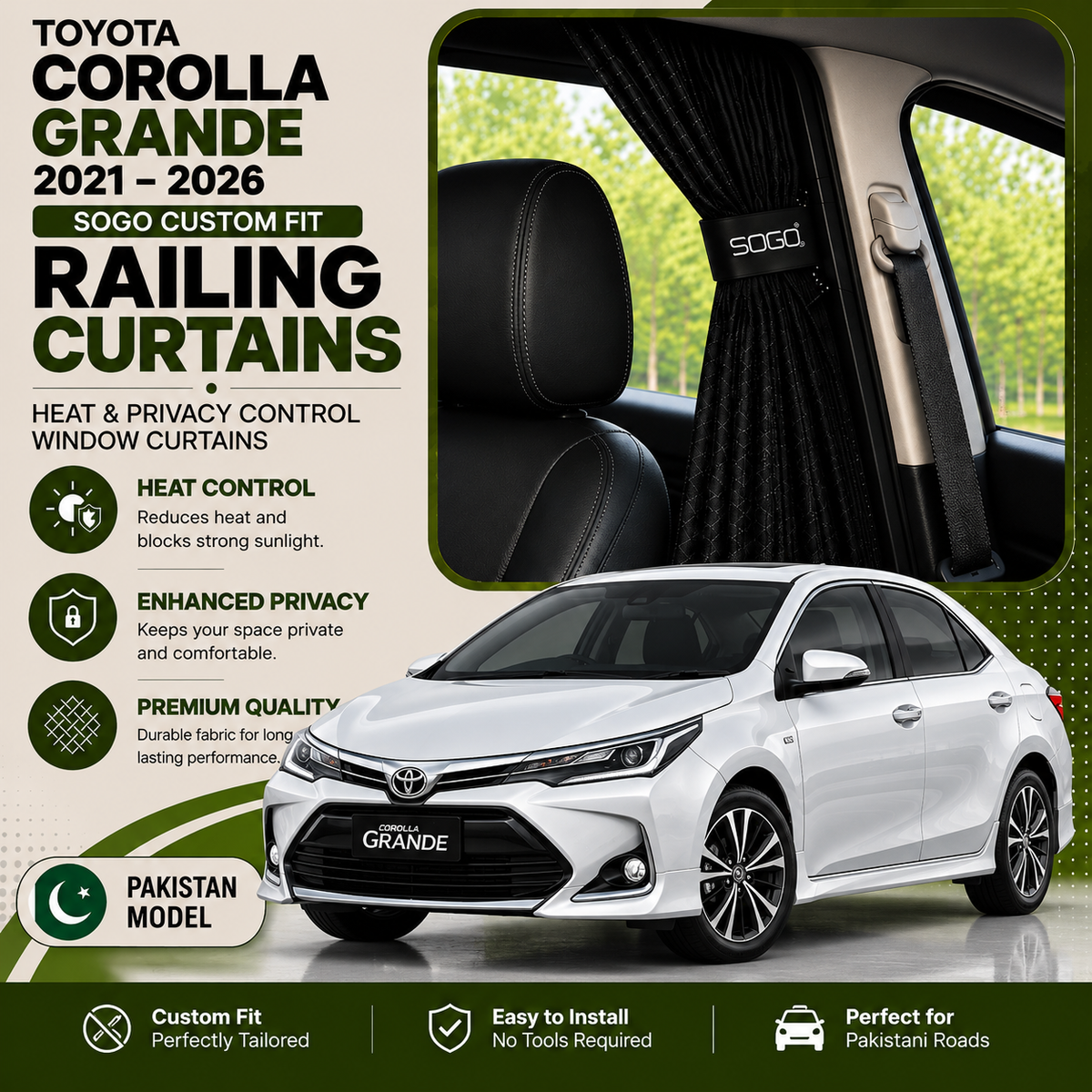 Toyota Corolla Grande 2021-2026 SOGO Custom Fit Railing Curtains | Heat & Privacy Control Window Curtains