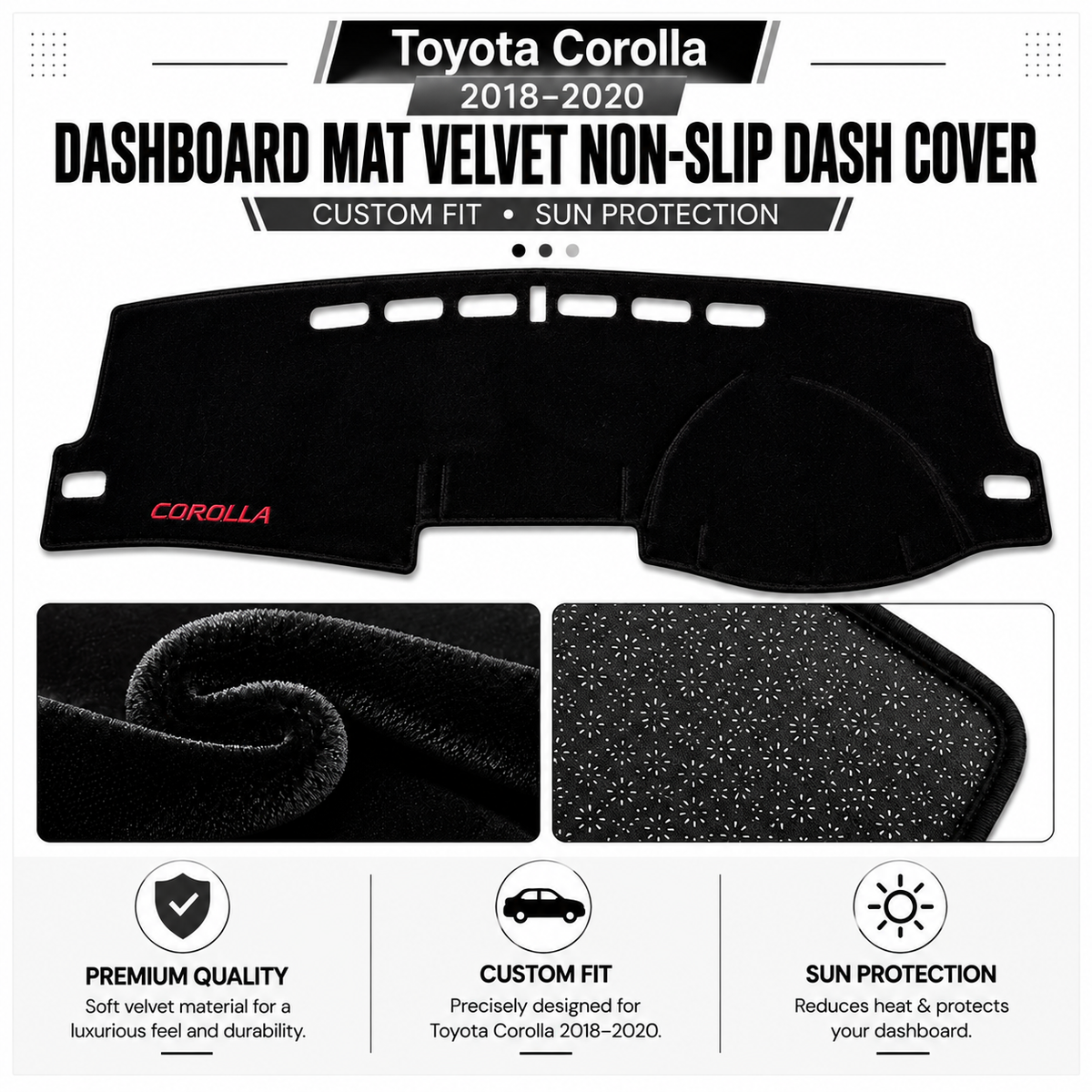 Toyota Corolla 2018-2020 Dashboard Mat Velvet Non-Slip Dash Cover – Custom Fit Sun Protection