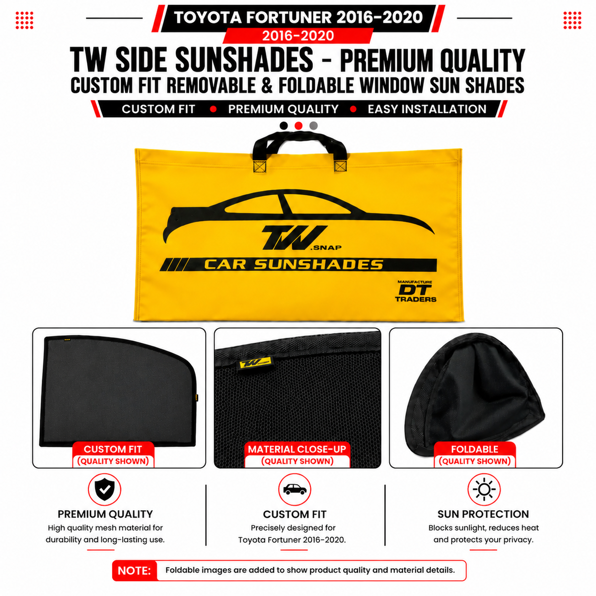 Toyota Fortuner 2016-2020 TW Side Curtains Sunshades – Premium Quality Custom Fit Removable & Foldable Window Sun Shades