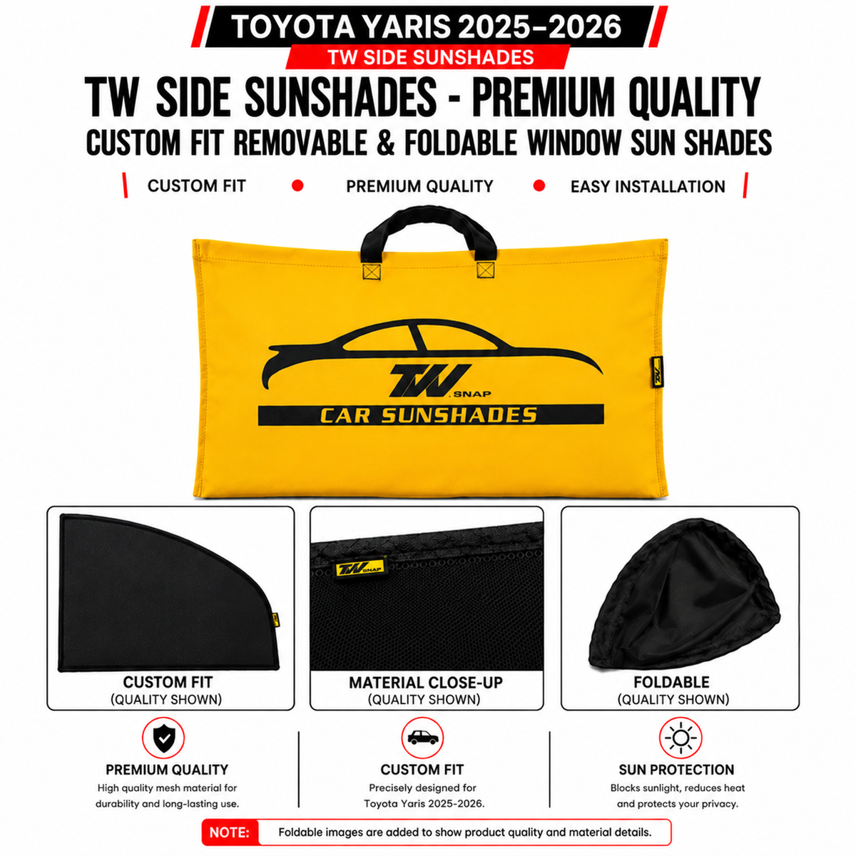 Toyota Yaris 2025–2026 TW Side Curtains Sunshades – Premium Quality Custom Fit Removable & Foldable Window Sun Shades
